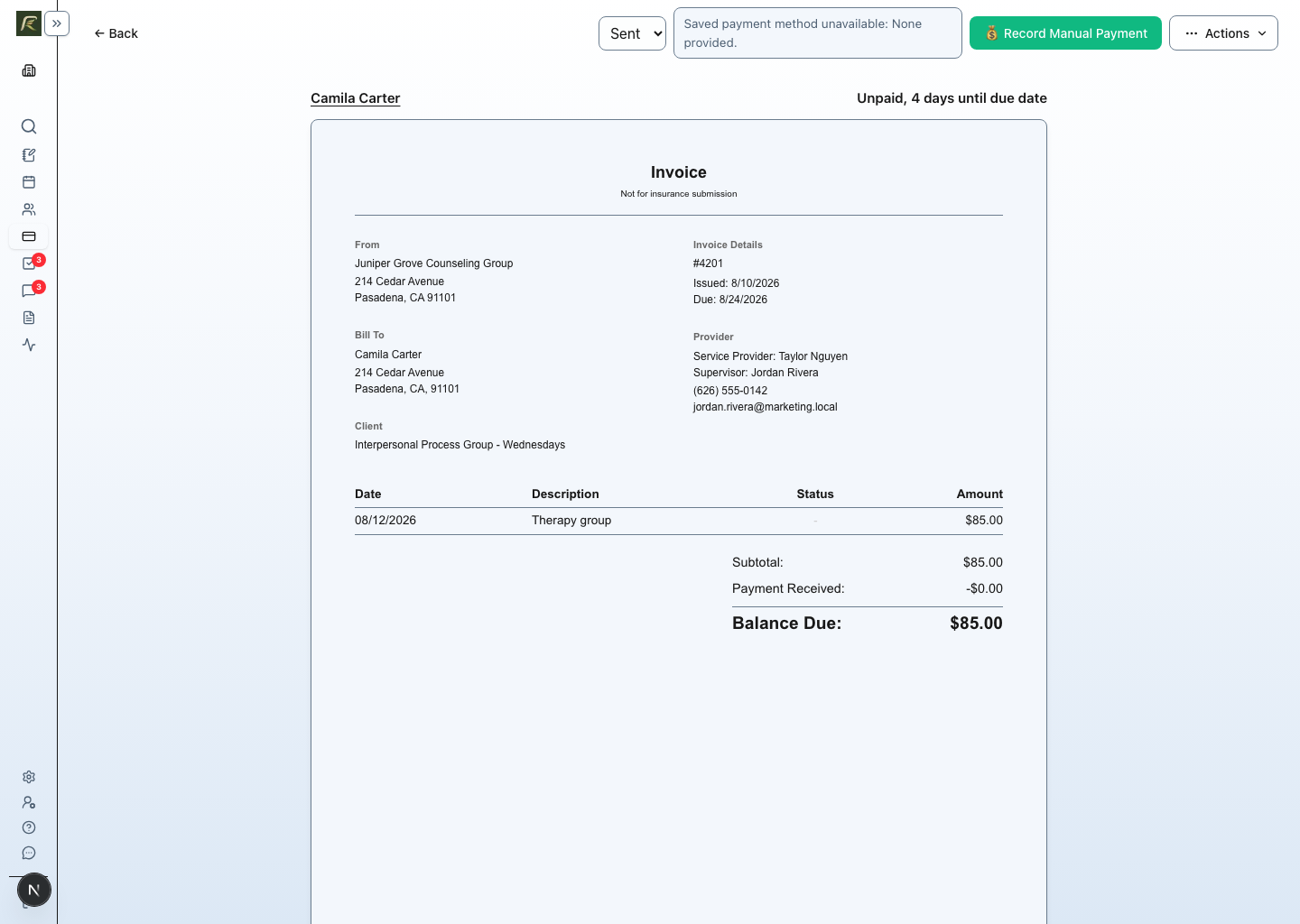 A PracticeRunner participant invoice for Interpersonal Process Group - Wednesdays, showing the participant responsible for payment and the group therapy session fee.