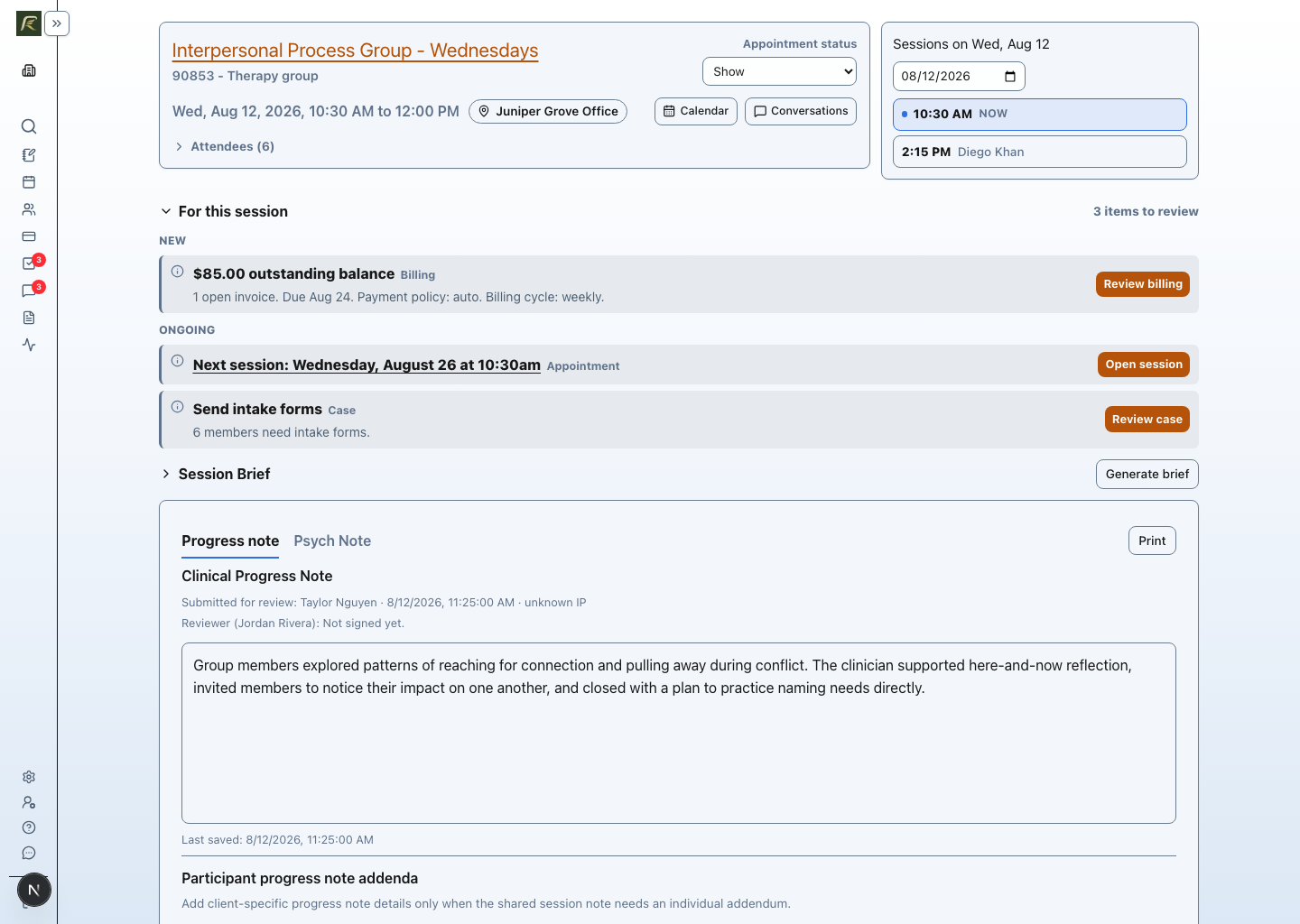 The PracticeRunner Session Workspace for Interpersonal Process Group - Wednesdays, showing CPT 90853, six attendees, a shared progress note, and participant progress-note addenda.