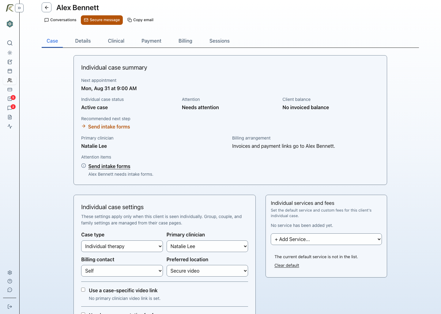 PracticeRunner workflow summary showing a next appointment, intake status, billing status, and open attention items for a client or case.