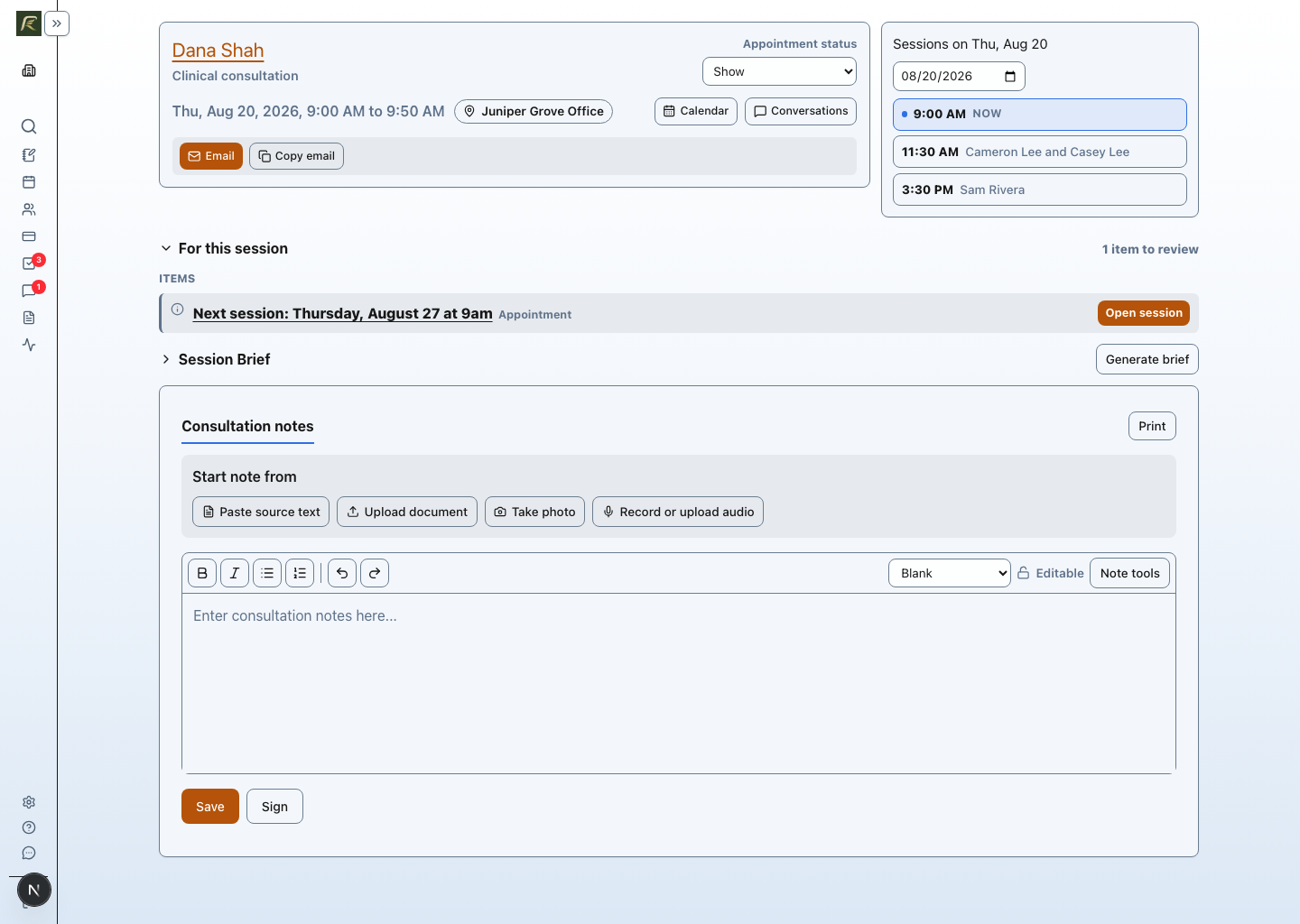 PracticeRunner Session Workspace for an individual clinical consultation, showing consultation context, source material, and a consultation note.