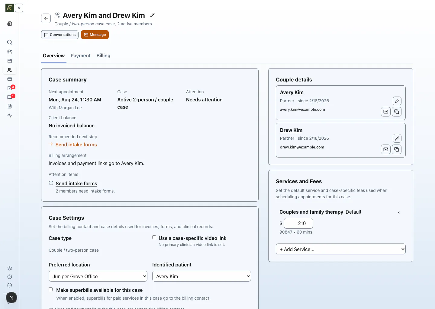 PracticeRunner couple case showing two participants and shared case context.