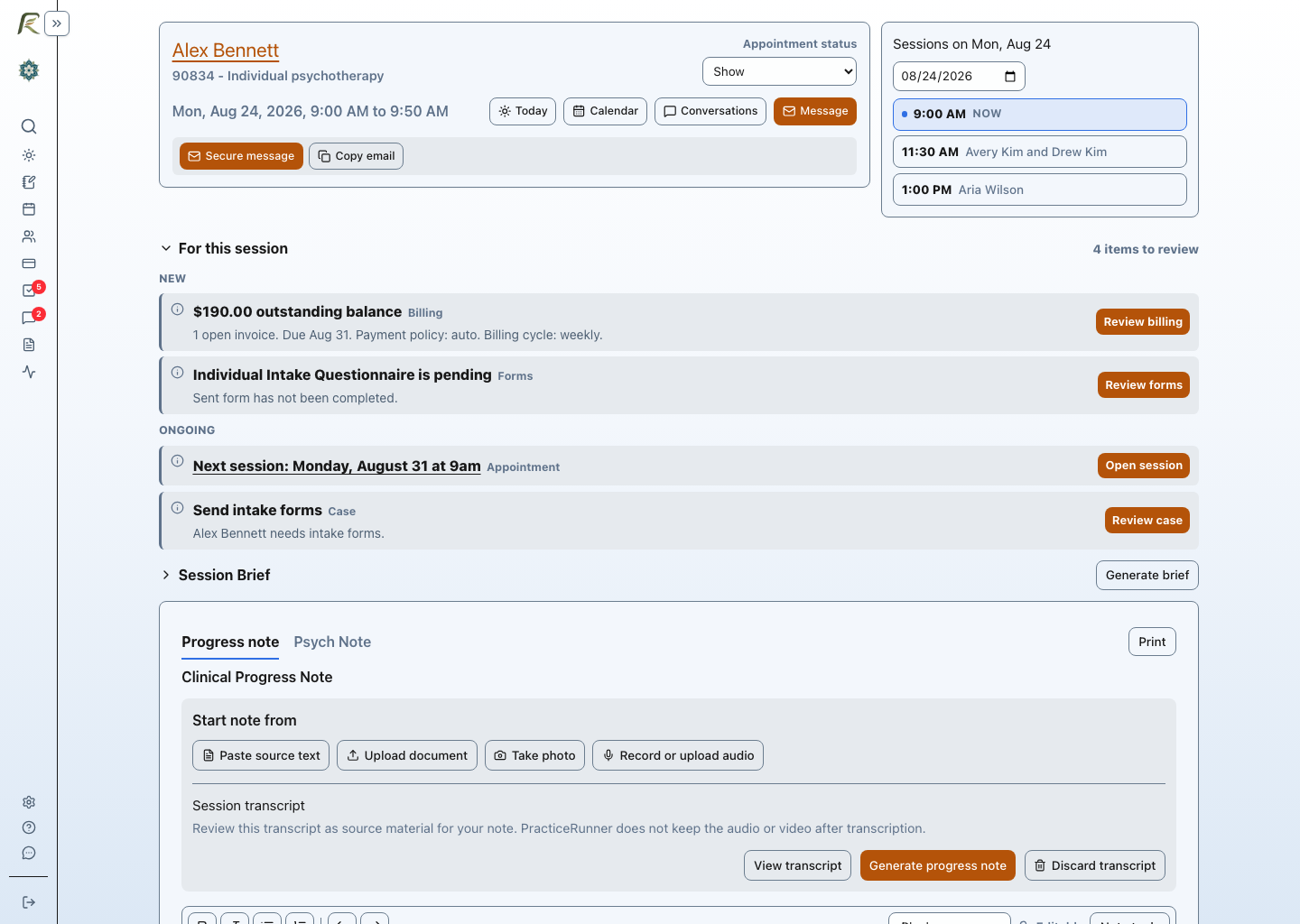 PracticeRunner Session Workspace showing appointment context, same-day navigation, items to review, Session Brief, source-material actions, and the progress-note editor.