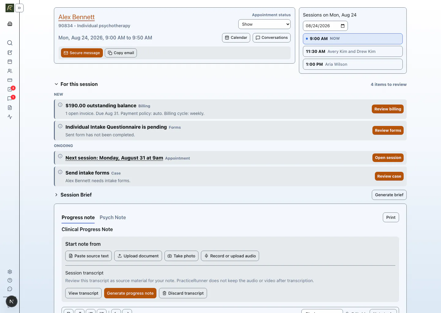 PracticeRunner Session Workspace showing appointment context, same-day navigation, source material actions, and an appointment note area.