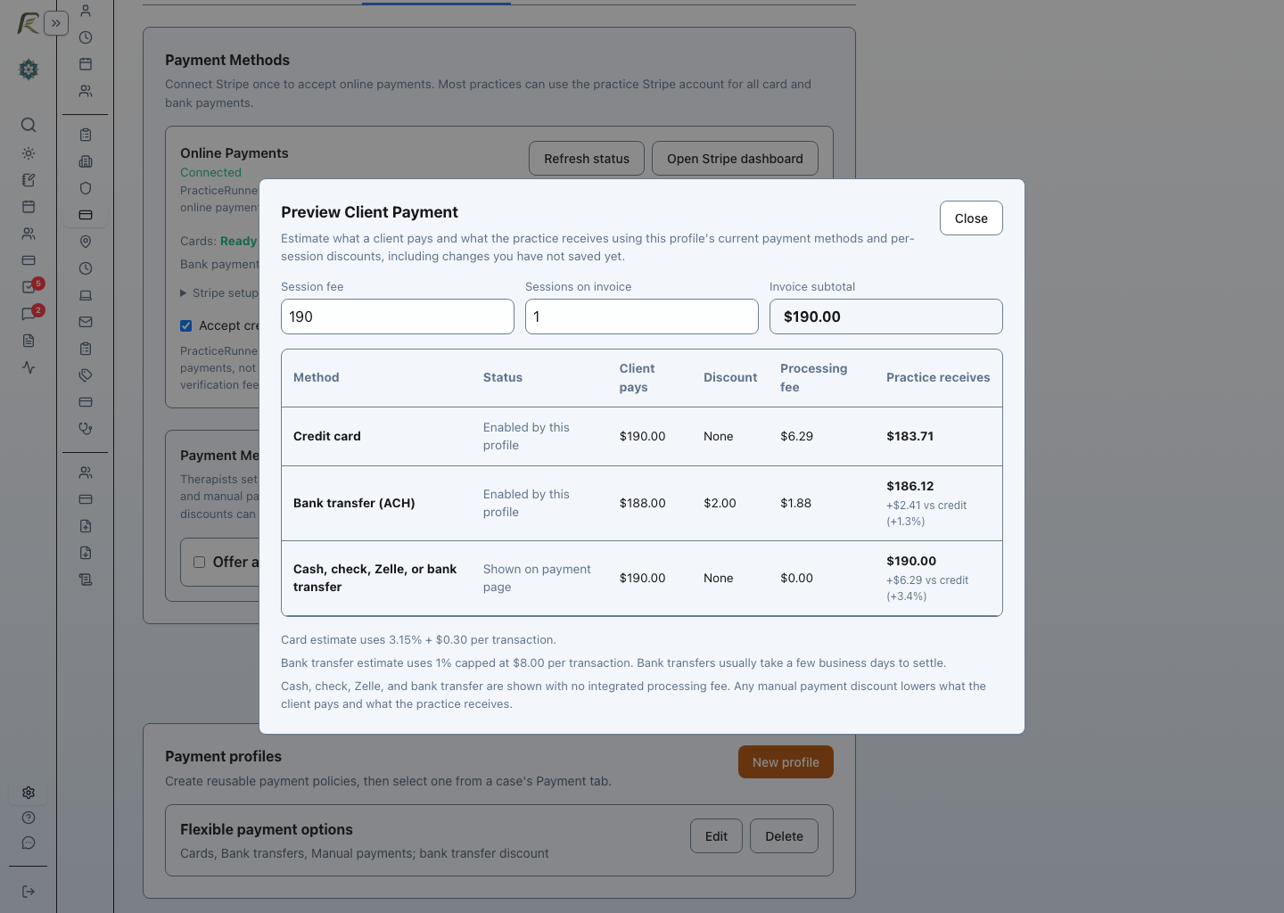 PracticeRunner client-payment preview comparing card, bank-transfer, and recorded manual-payment options with an automatic bank-transfer discount.