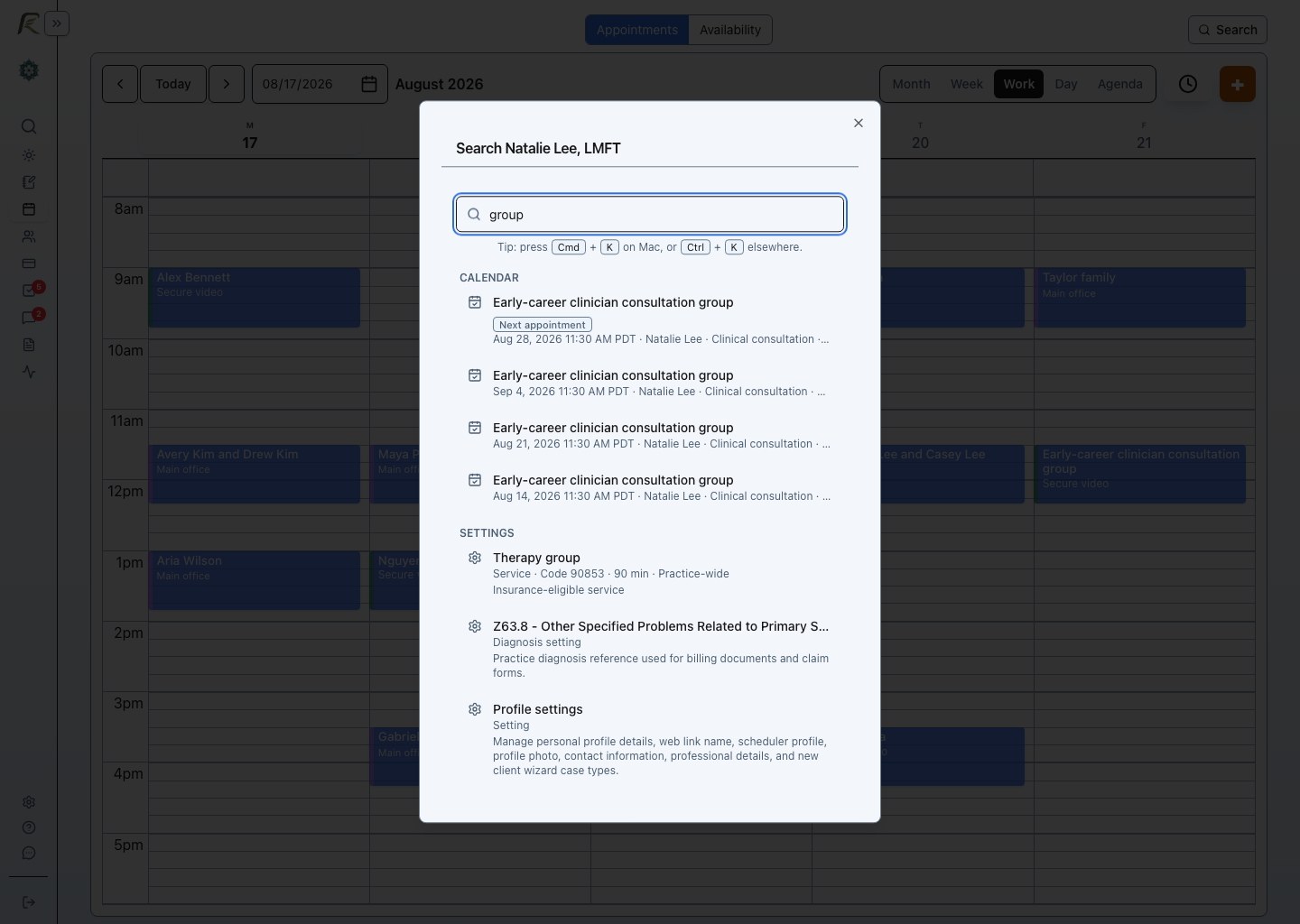 PracticeRunner search results for group, showing matching service and diagnosis settings followed by group-related help articles.