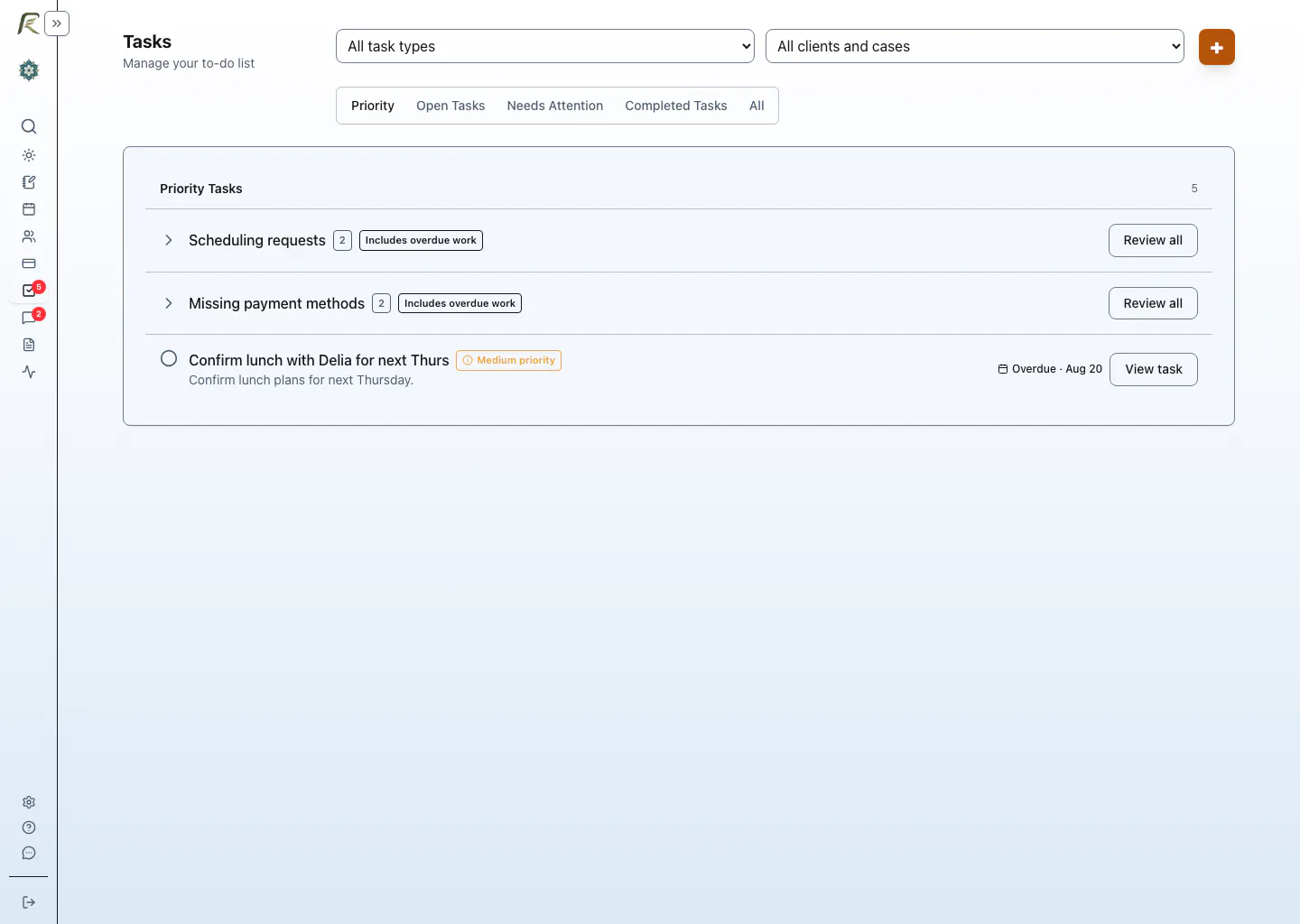 PracticeRunner Tasks page showing high-priority scheduling and billing follow-up first.