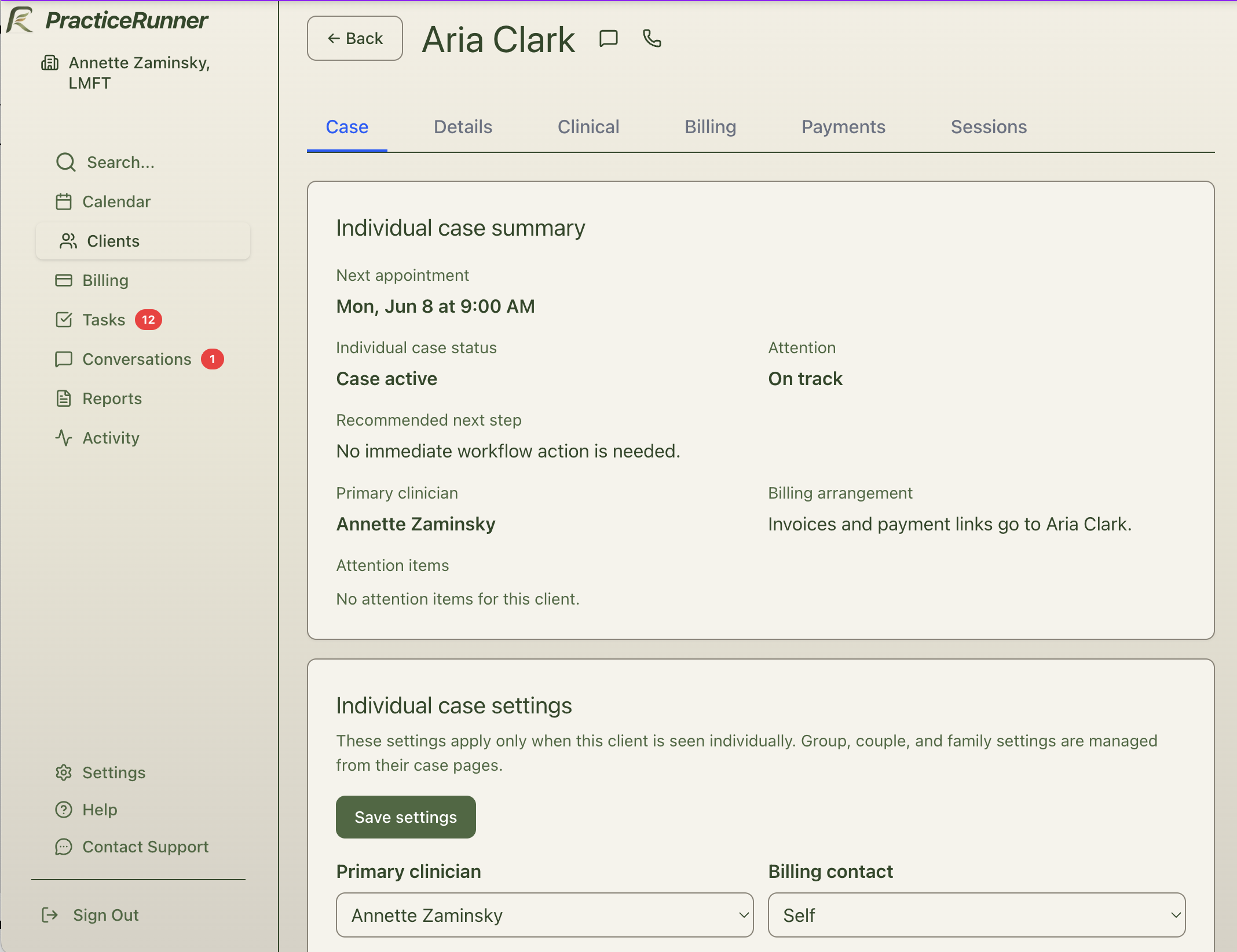 PracticeRunner workflow summary for a solo therapist showing a client case with the next appointment, intake status, billing status, and open tasks.