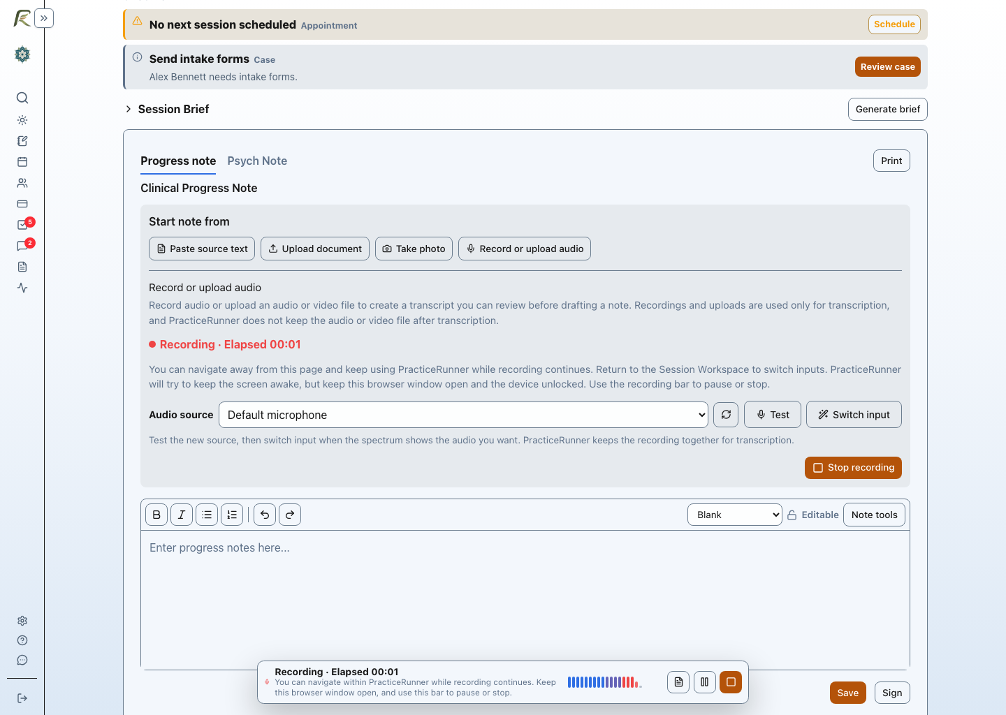 PracticeRunner Session Workspace recording controls showing consent confirmation, microphone selection, audio activity, and the separate progress-note editor.